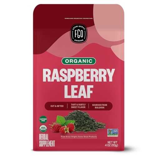Image of FGO Organic Red Raspberry Loose Leaf Herbal Tea, Cut and Sifted, Caffeine Free, Resealable Bag, 4oz (Pack of 1)