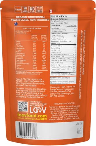 Image of LOOV Organic Non-Fortified Nutritional Yeast Flakes - Vegan, Gluten Free, Non-GMO Unfortified Nooch - Good Source of Natural B-Vitamins - No Added Salt or Sugar - Resealable Bag, 8 Ounces (227 Grams)