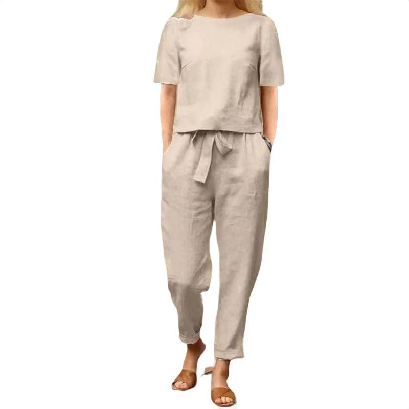 Ensemble lin haut de gamme style vintage deux pièces avec pantalon fluide d'été
