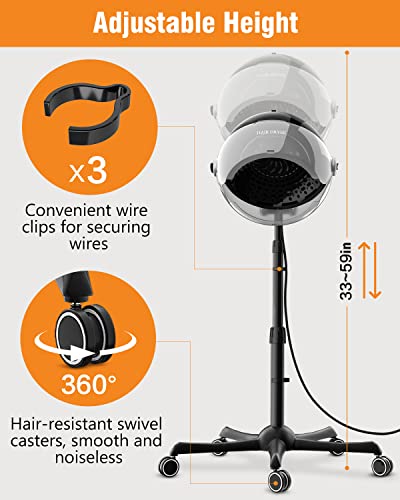 Colliford Ionic Hooded Hair Dryer, 1875W Professional Height Adjustable Standing Hair Dryer Bonnet With 3 Temperature Settings, Portable Salon Dryer With Rolling Wheels For Home & Hairstylist #TOP6