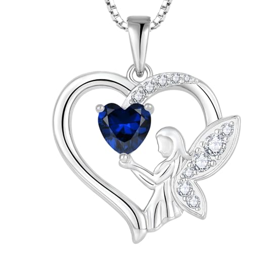 Guardian Angel Necklace 925 Sterling Silver Heart Angel Wings Pendant Birthstone Jewelry for Women