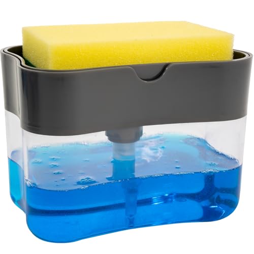 S&T INC. Dish Soap Dispenser and Sponge Holder for Kitchen Sink, Sponge Included, 13 Ounces, Grey