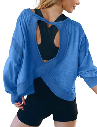 Image of UNIANKIYA Open Back Workout Tops for Women Long Sleeve Cropped Athletic Clothes Gym Running Yoga Low Impact Sports T Shirts