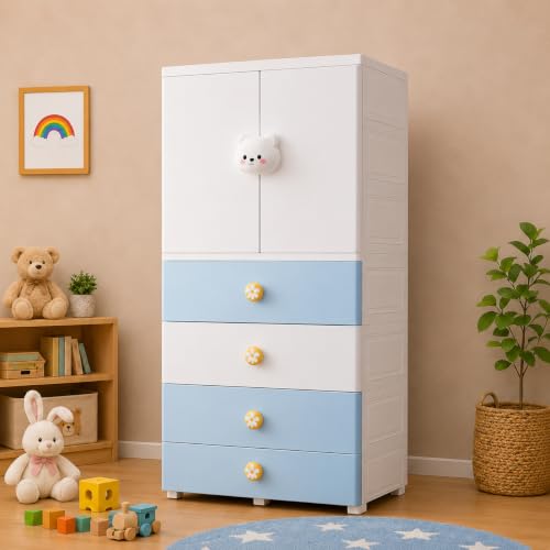 Image of Kids Plastic Collapsible Wardrobe Organizer for Storage with Drawers | Cute Cartoon Design | Heavy Duty Runner Rug Floor Mat Carpets Organizer Bedroom, Living Room (Blue-Bear, 1+3-Door)