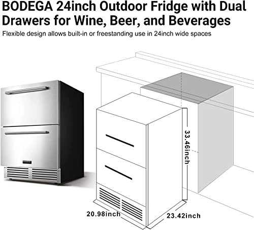 Bodegacooler 24 Inch Under Counter Double Drawer Fridge, Indoor And Outdoor Beverage Refrigerator, Weather Proof Stainless Steel Beverage Fridge For Home & Commercial Use, Built-In And Freestanding #TOP4