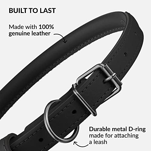 CollarDirect Rolled Leather Dog Collar, Soft Padded Round Puppy Collar, Handmade Genuine Leather Collar Dog Small Large Cat Collars (Black Smooth, 48-53 cm) - 2
