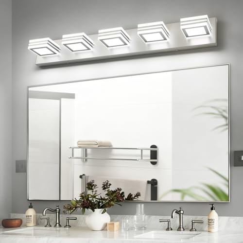 Image of SOLFART LED Bathroom Lighting Fixtures - 5 Lights Modern Brushed Nickel Acrylic Vanity Lights for Mirror 32inch 24W