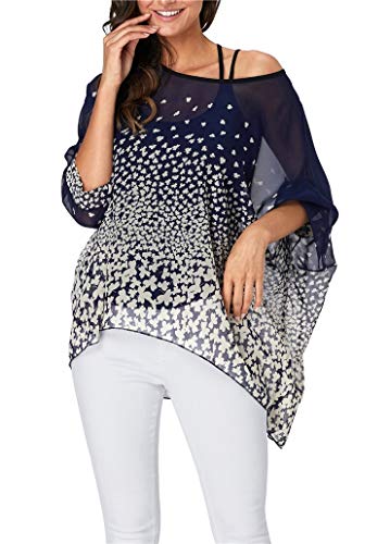 iNewbetter Womens Bohemian Tops Batwing Sleeve Soft Chiffon Floral Poncho Beach Cover Up Tunic Shirts PB 328