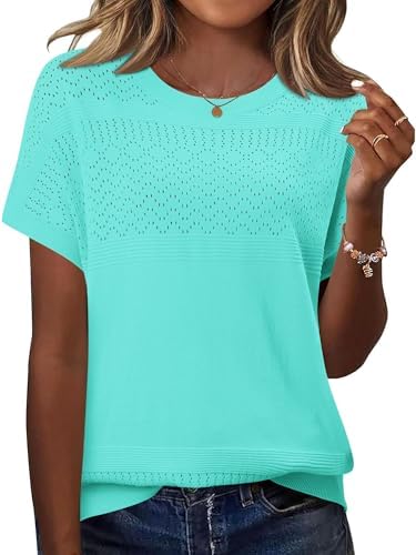 KISSMODA Laides Short Sleeve Jumpers Ribbed Knit Crew Neck Hollow Out Sweater Summer Solid Color Basic Tunic Tops Knitwear