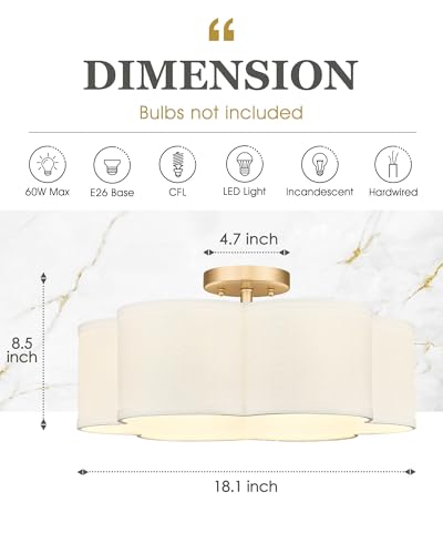 Image of Gold Semi Flush Mount Ceiling Lights, 6-Light 18Inch Ceiling Light Fixtures with Fabric Shade in Flower Shape, Farmhouse Brass Drum Lighting for Nursery Bedroom Kitchen, AD-22007-6SF-GD