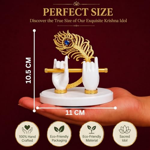 Image of CraftVatika Goldplated Krishna Hand with Flute Idol Peacock Feather Mor Pankh Showpiece,Housewarming Gift, Birthday Wedding Anniversary Janmashtami Gift,Home Decor Decoration Items for Living Room