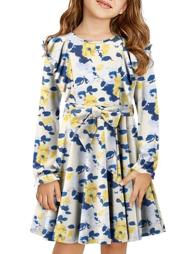 Yoklass Girls Dress Long Sleeve Ruffle Elegant Flowy Swing Dresses with Belt 4-13 Years