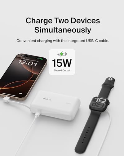 Image of Belkin Portable Charger Power Bank USB C, 10000 mAh w /Integrated Cable, 20W Fast Charge USB-C Power Delivery, iPhone Charger, Apple iPhone 17, Air, Pro, Pro Max, iPad, Samsung Galaxy S25 - White