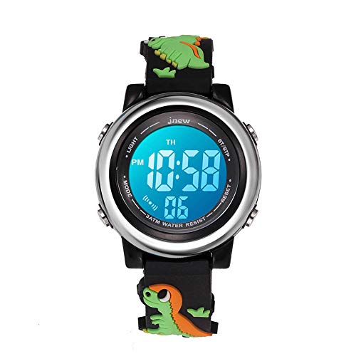 cofuo Reloj digital deportivo impermeable para niños y niñas, para deportes al aire libre, relojes eléctricos LED con alarma luminosa, cronómetro, reloj de pulsera para niños, Dinosaurios negros,