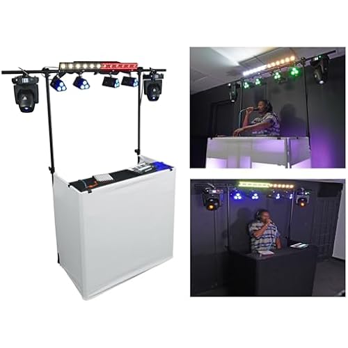 Rockville ROCKBOOTH TRUSS 2-Tier DJ Booth Table Facade with 8ft 220lb Lighting Truss, Fire-Retardant Scrims, Cable Management, Quick Setup, for Mobile DJs and Event Planners