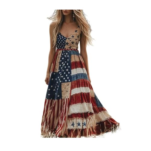 Womens 4th of July Dress V-Neck Patch Art Line Patriotic Dress Floral Printed 4th of July Dresses for Women Summer Khaki