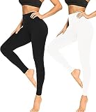 Leggings Damen High Waist Leggins Blickdicht Slim Fit Angenehm Weiche Elastische Schwarz Sportleggings mit Bauchkontrolle. A2-Schwarz/Weiß L/XL