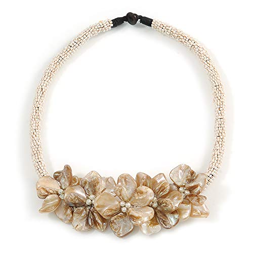 Avalaya White Glass Bead with Shell Floral Motif Necklace/48cm L