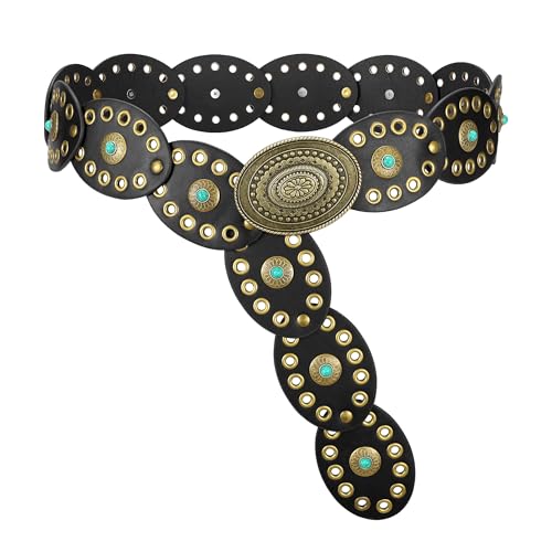 TRIWORKS Western Belts for Women Wide Cowgirl Disc Belt with Turquoise Boho Concho Leather Belt Country Belt for Dress Black