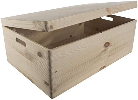 Extra Large Unfinished Wooden Storage Box for Craft | 59.5 x 39.5 x 23 cm | Hinged Lid & Handles | Memory Keepsake Trunk Chest Toy Box | Unpainted Plain Pine to Decorate Craft