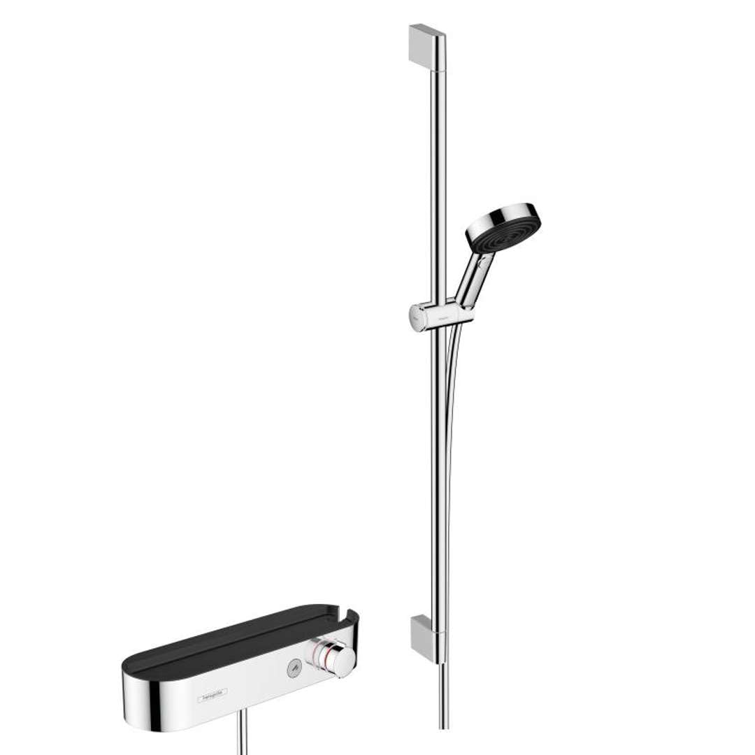 hansgrohe Pulsify Select S Zestaw prysznicowy z głowicą prysznicową, drążkiem prysznicowym 90 cm, wężem prysznicowym i uchwytem na słuchawkę prysznicową, prysznic ręczny z 3 natryskami (w tym