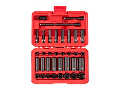 Image of TEKTON 1 /4 Inch Drive Impact Socket Set, 35-Piece | SID90402 | (4 - 17 mm), Shallow and Deep, 6-Point, Case
