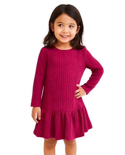 Girls Long Sleeve Dresses Girls Knit Sweater Dresses Fall Winter Kids Casual Dress for 4-8Y(Rose Red)3