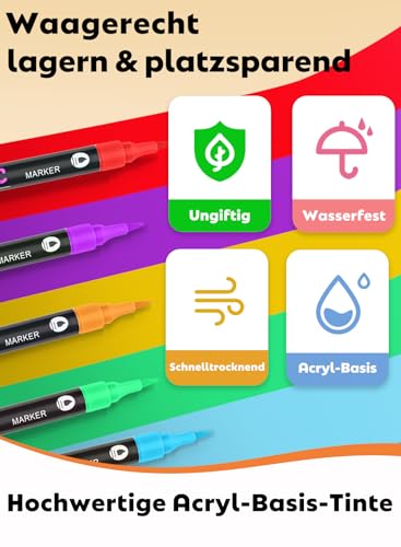 HornedDragon 24 Farben Acrylstifte Set, 12er Acrylic Marker Doppelspitze Pinselspitze, Acrylstifte für Steine Wasserfest, Acrylmarker für Eier, Holz, Leinwand, Kunststoff, Glas