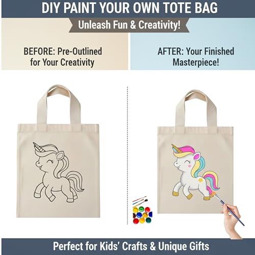 Image of (Pack of 10)- DIY Eco-Friendly Canvas Tote Bags for Kids- Pre-Outlined Designs for Painting | Perfect Return Gift for Kids Birthday Party | Reusable Cotton Bags (Includes Paint and Brush- Design 1)