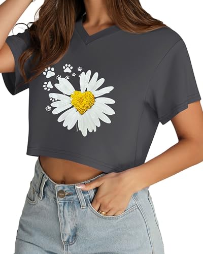 Image of Womens Crop Tops Short Sleeve V Neck Summer Cropped T Shirts Baisc Tees