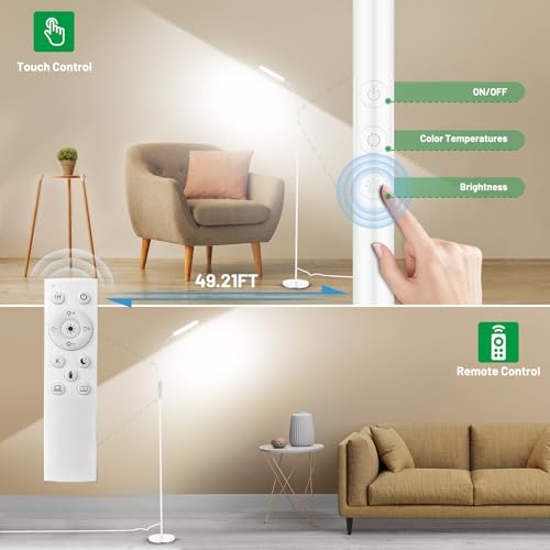 Image of Yikuneng Dimmable LED Floor Lamp, Super Bright Reading Lamps Floor Standing Lamp with Remote & Touch Control, Stepless Dimming & 2700K-6500K Color Temperature, for Living Room Bedroom Office, White