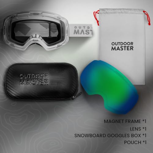 Image of OutdoorMaster Ski Goggles PRO - Frameless, Interchangeable Lens 100% UV400 Protection Snow Goggles for Men & Women ( Grey Frame VLT 18% Grey Lens with Full REVO Green and Free Protective Case ) | Frameless quick-change magnetic ski goggles for men and women with anti-fog, OTG fit, UV400 protection, carry case.