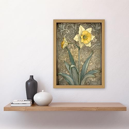 Artery8 Daffodil Flower Pastel Watercolour Art Nouveau Artwork Framed A3 Wall Art Print, Framed Light Oak A3, 45.5L x 33W cm - Image 2