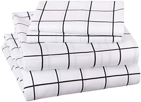 Amazon Basics Soft Microfiber 4 Piece Sheet Set With Elastic Pockets, Full, Black Grid, Geometric