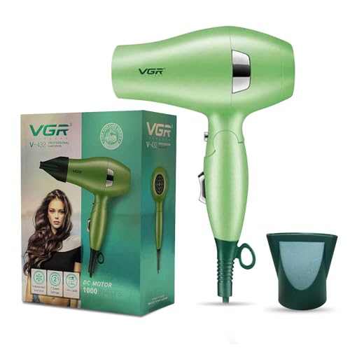 Image of VGR V-432 Foldable Hair Dryer for Women & Men, Overheating Protection Technology,2 Speed settings, Independent Cool Shot, Detachable Nozzles,1.8 m Cable 1000 Watts (Green)
