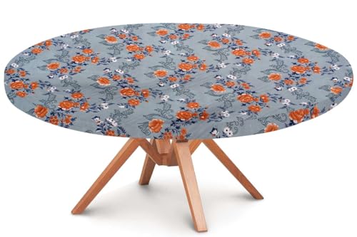 Image of The Furnishing Tree Round Elastic Fitted Dining Table Cover WxL 54x54 Inches Floral Pattern Blue