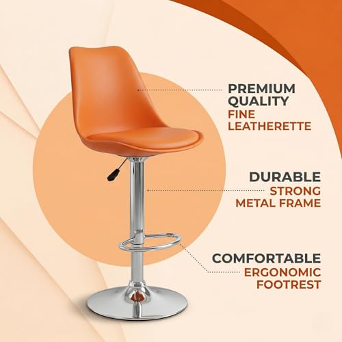 Image of activa Rapid Bar Stool Chair with Height Adjustable Design, Padded Seat & Footrest | Modern Metal Counter Stool for Kitchen, Home, Bar & Cafe Seating | Durable Comfort Chair (Orange, Set 1)