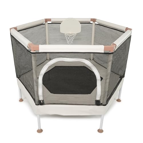 Square House Kids Trampoline, Aesthetic Indoor and Outdoor Toddler Trampoline with Safety Net, Basketball Hoop, 220lb Capacity, Ultra Safe No-Gap Design, Gifts for Boys & Girls (Sand, 4 FT)