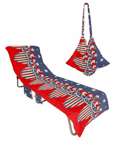 4th of July Beach Lounge Chair Towel Cover, Soft Chaise Lounge Towel with Side Pockets Patio Pool Chairs Cover for Beach/Pool Sunbathing 29x85 Independence Day Red Blue Star