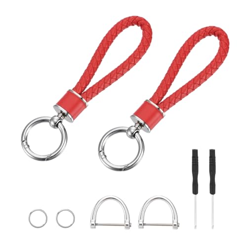 MECCANIXITY Weave Key Chain Ring Braided Rope Leather Keychain with 360 Degree Rotatable D-ring and Screwdriver Zinc Alloy for Women Tote Bag Backpack Accessories (Red, Pack of 2)
