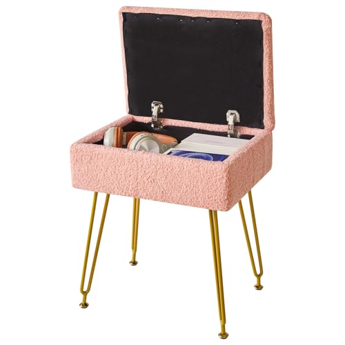 YMYNY Vanity Stool with Storage, Footstool, Square Makeup Vanity Chair, Ottoman Foot Rest with Soft Padded Seat for Bedroom Living Room Makeup Room 15.74\" D Ã—11.81\" W Ã—18.5\" H Pink UHBD031P