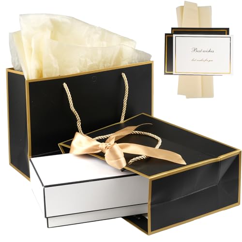 Juego de 2 bolsas de regalo, bolsas de papel con asa, tarjetas de felicitación y papel de seda, negro con borde dorado, para cumpleaños, fiestas, etc. (28 x 20 x