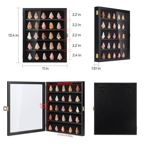 Image of TJ.MOREE Rock Display Case Black, Native American Arrowhead Display Case, Shadow Box Wall Mount for Crystal, Knife Display