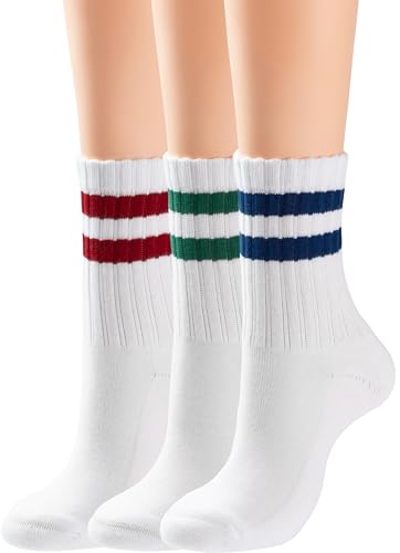 BomKinta Womens Striped Crew Socks - Retro Above Ankle Cotton Sock - Casual Cozy Athletic Style Socks Gifts for Women Size 5-10 3 Pairs Red Green Blue