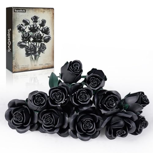 Millionspring Lot de 12 roses artificielles noires - Cadeau de Saint-Valentin pour homme, anniversaire, fête des mères, décoration d'intérieur gothique