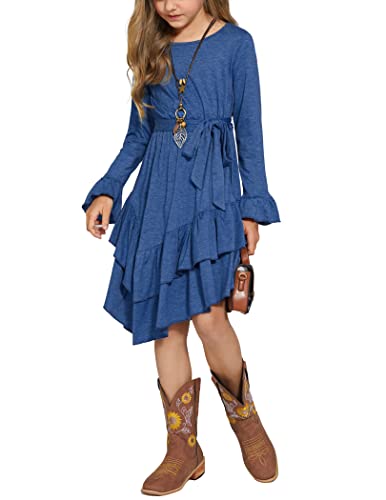 Arshiner Fall Dresses For Girls Loose Long Sleeve Casual Ruffle Swing Midi Dress With Belt For 5-14 Years Blue thumb #3