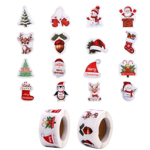 Penitue 1000pcs Christmas Stickers Roll Self-Adhesive Seal Stickers with Snowman Christmas Tree Santa Hat & Reindeer Designs for Envelopes Journals Gifts & Party Decorations