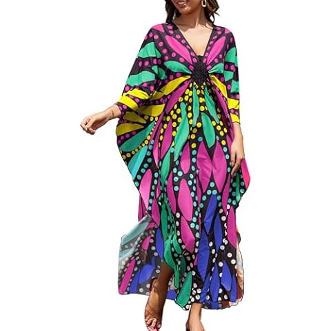 Bsubseach Kaftan Dresses for Women Plus Size Bathing Suit Cover Up V Neck Long Beach Caftan Dress Pink Butterfly Cover