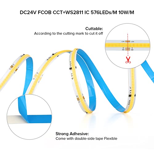 Image of SEZO COB CCT IC Addressable LED Strip FCOB CCT WS2811 IC Chasing High Density Tunable 3000K-6000K 16.4FT DC24V 576LEDs /M CRI 90+ IP30 LED Tape for Indoor DIY Decoration (Not Included SPI Controller)