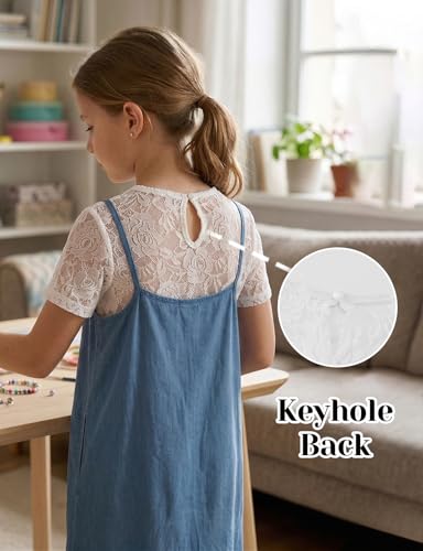 Image of Noomelfish Girls Lace Short Sleeve Layering Tops Sheer Mesh Tee Shirts Blouse (5-12 Years)